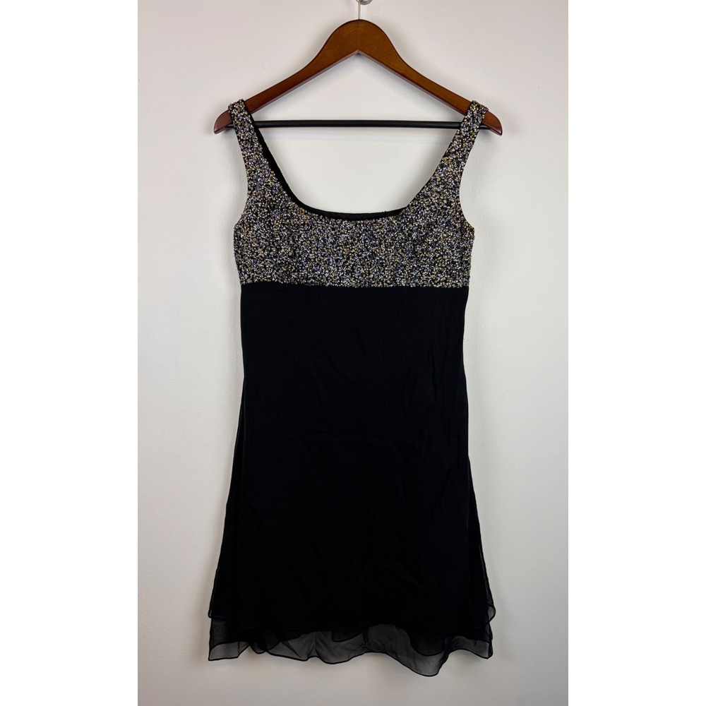 Basix II Silk Sequin Dress 6 Black Gold Silver Y2K Glam Mini Whimsigoth Fairy‎